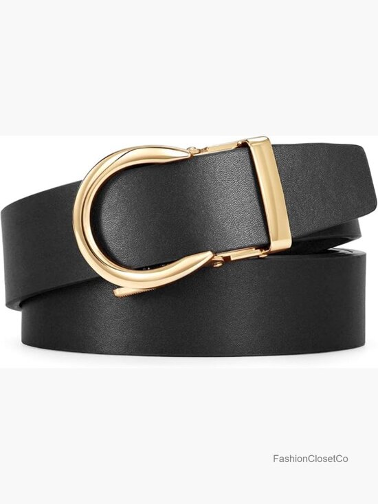 Women\'s Faux Leather Ratchet Belt with Gold Sliding Buckle - Adjustable, 1.2\